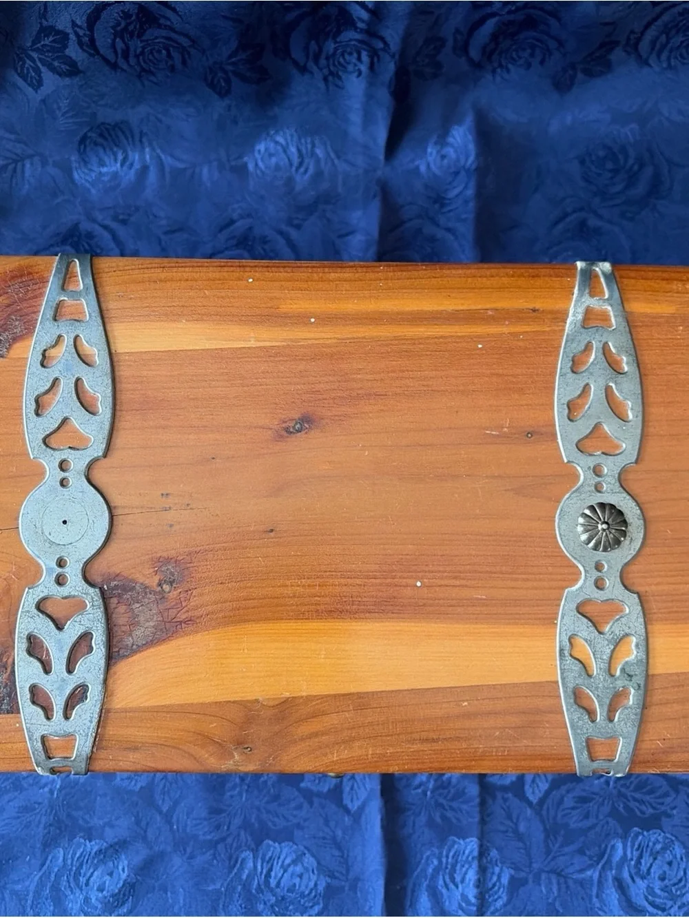 VTG McGraw Cedar Wood Trinket Box W/Decorative Metal Straps And Handles